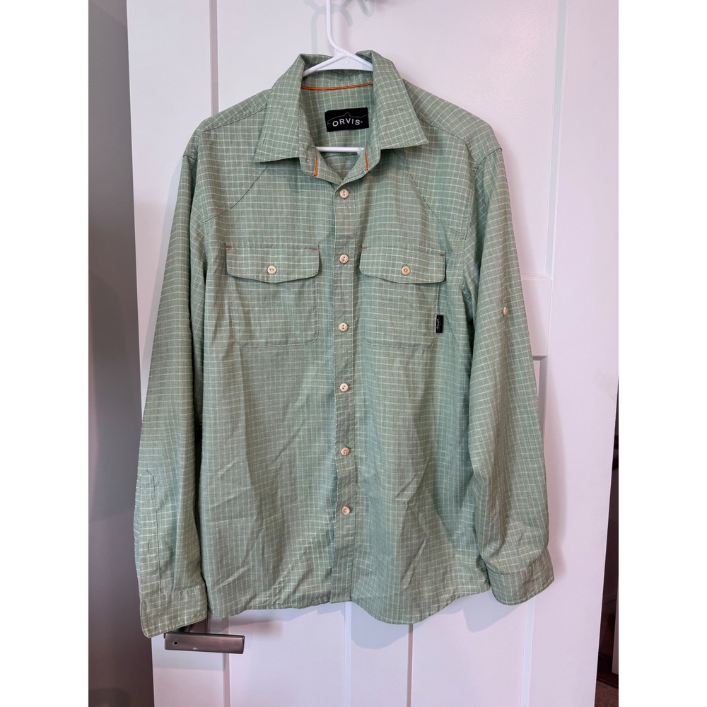 Orvis Mens Medium Sage Green Grid Plaid Long Sleeve Fishing Hiking Shirt med